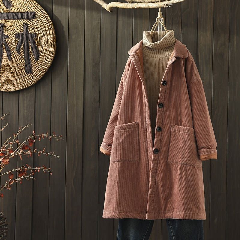 Clearance Sale: Designer Brand Winter Corduroy Cotton-Padded Trench Coat for Women, Originally from a Store Clearance