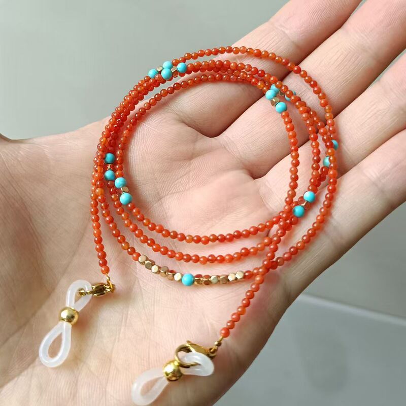 South Red Agate, Turquoise, Small Round Beads, Handmade Beaded Glasses Chain, Neck Necklace, Bracelet, Elegant Bracelet for Women