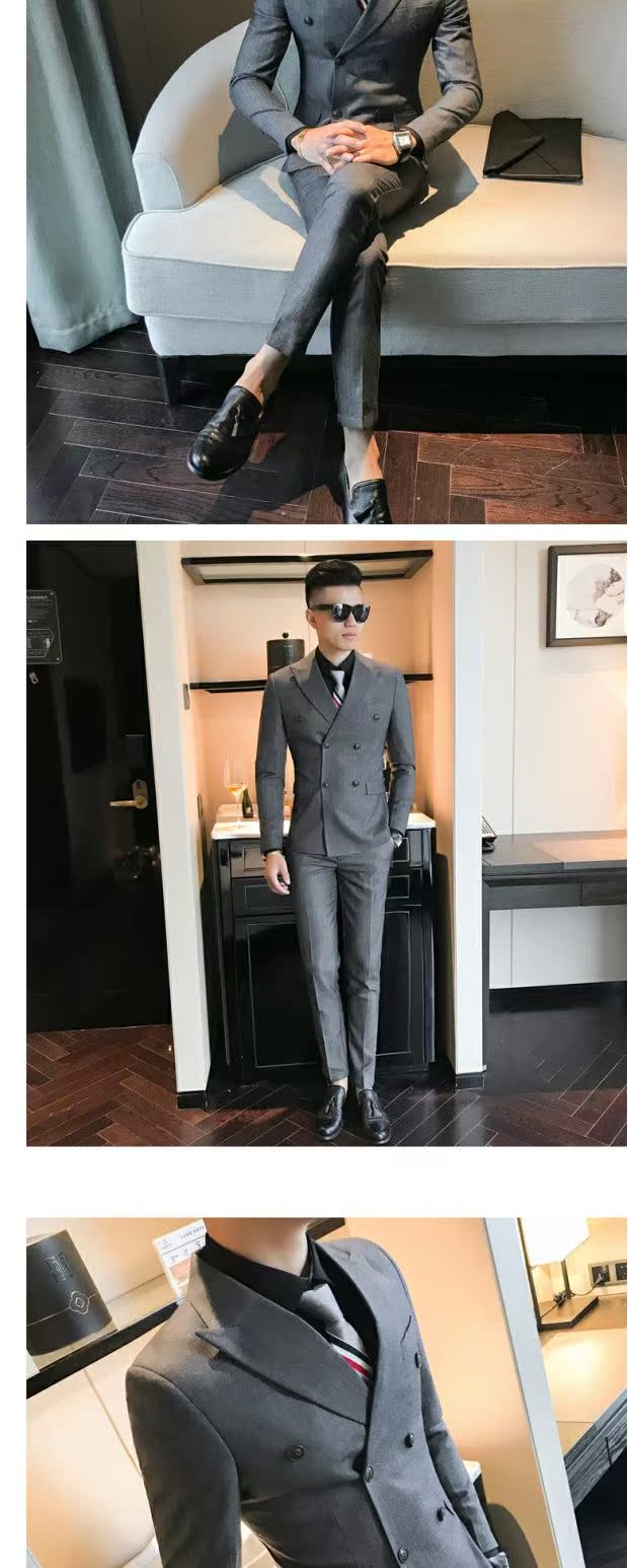 Phiên bản Hàn Quốc của bộ đồ đôi nam sọc mỏng phù hợp với thanh niên phù hợp với kích thước lớn áo vest dạ nam