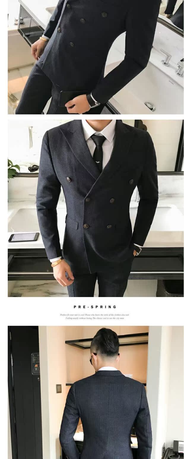 Phiên bản Hàn Quốc của bộ đồ đôi nam sọc mỏng phù hợp với thanh niên phù hợp với kích thước lớn áo vest dạ nam
