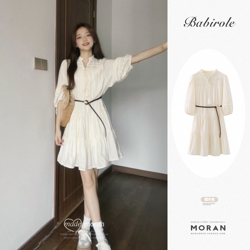 French-Style Tea Break White Lace-Up V-Neck Belted Hollow-Out Dress for Women, Summer Waist-Cinching Slimming Dress, Early Autumn 2025 New Model