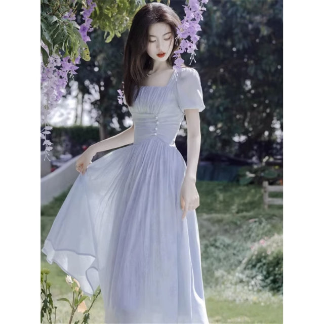 French Romantic Retro Dress Femininity Summer New Gentle High Sense Waist Slim Drape Long Skirt