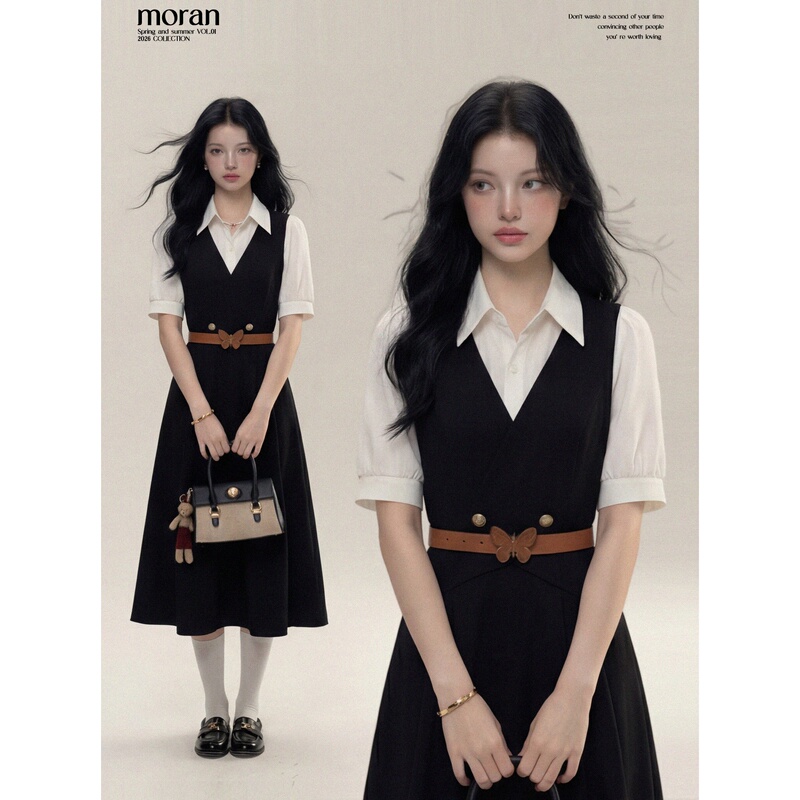 French-Style High-End Faux Two-Piece Dress for Women, Especially Beautiful in Summer, Cinched Waist Mini Dress, Light Luxury Niche Shirt Dress