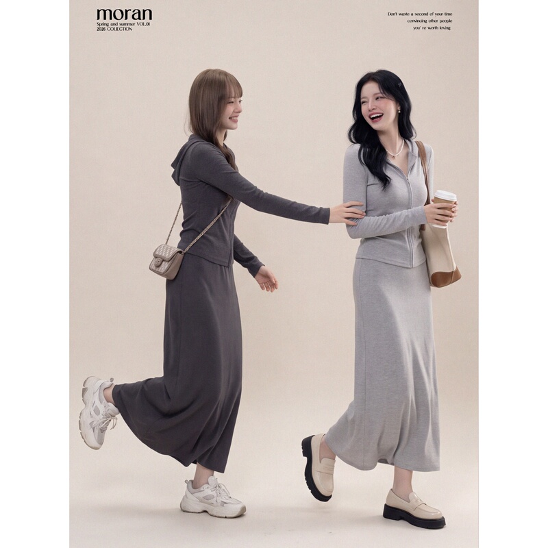 Moran's "Autumn Gap" Early Autumn Hooded Zip-Up Knit Sweater and Slim-Fit Midi Skirt Relaxed Two-Piece Set