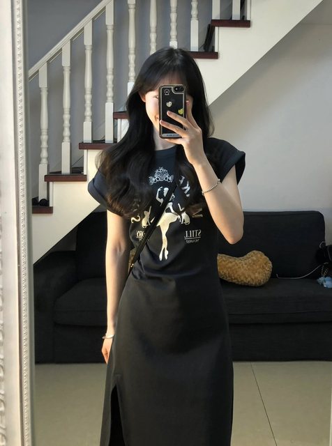 American printing casual style t-shirt dress women's summer waist slimming slim slit mid-length skirt small man