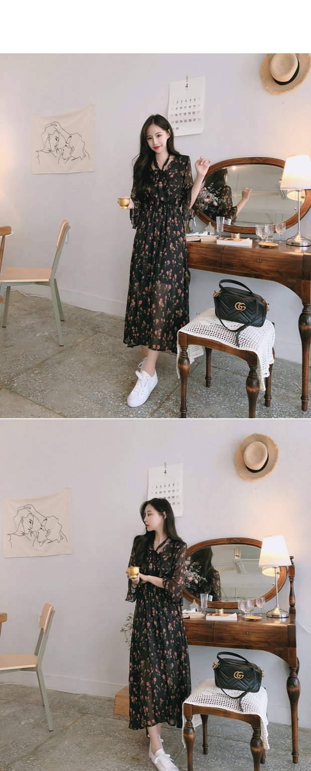 Mùa hè 2018 mới gió retro nhẹ nhàng phiên bản Hàn Quốc của loa đầm voan hoa 7 điểm ở phần dài của eo chân váy đen