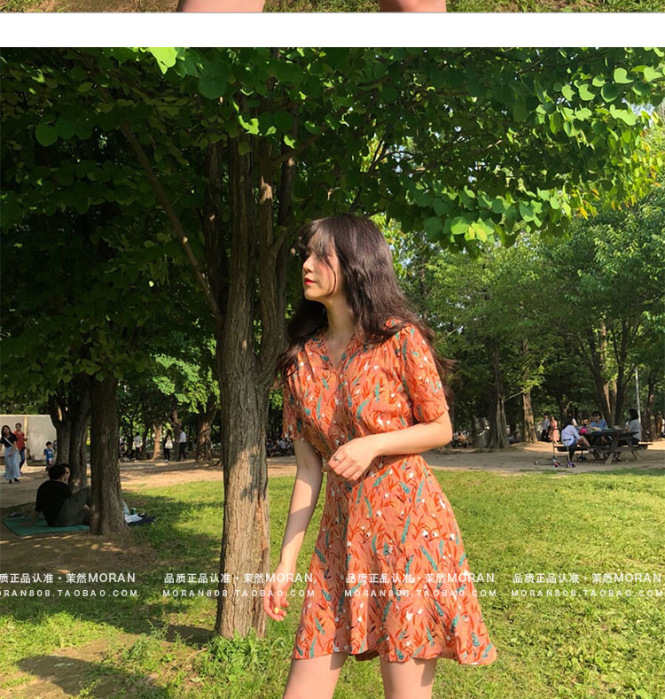 MORAN Hàn Quốc ins siêu lửa retro chic floral dress eo Một từ ngắn váy sinh viên gió nhẹ nhàng ngọt ngào váy chữ a đẹp