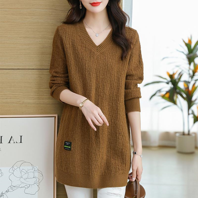 Autumn and Winter 150kg Extra Large Size Loose Mid-Length Solid Color V-Neck Simple Style Plus-Size Knitted Sweater for Women Trendy
