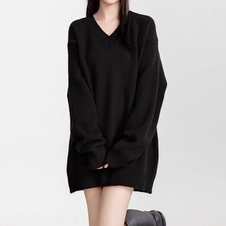 Fat Sister 1.0-150kg Plus Size V-Neck Lazy Style Artistic Style Solid Color Women's Autumn and Winter Mid-Length Knitted Sweater Fat Sister 1.0-150kg Plus Size V-Neck Lazy Style Artistic Style Solid Color Women's Autumn and Winter Mid-Length Knitted Sweater