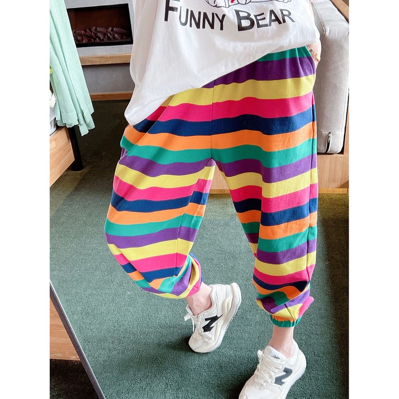 1.0-150kg Extra Large Size Rainbow Stripe Design Jogger Sweatpants for Women, Cute and Unique Style for Plus-Size Girls, Summer Pants