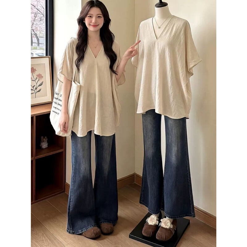 150kg Plus-Size Korean-Style Casual Loose-Fitting Short-Sleeve Top That Covers the Belly, Suitable for Plus-Size Women, Age-Reducing, Versatile, Slimming V-Neck T-Shirt