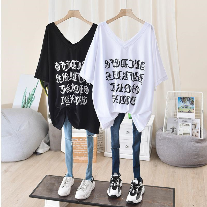 300 Catty Size New Women's Dress Fat MM Loose Display Slim Korean version Heart Machine V collar short sleeves Long version T-shirt Female tide