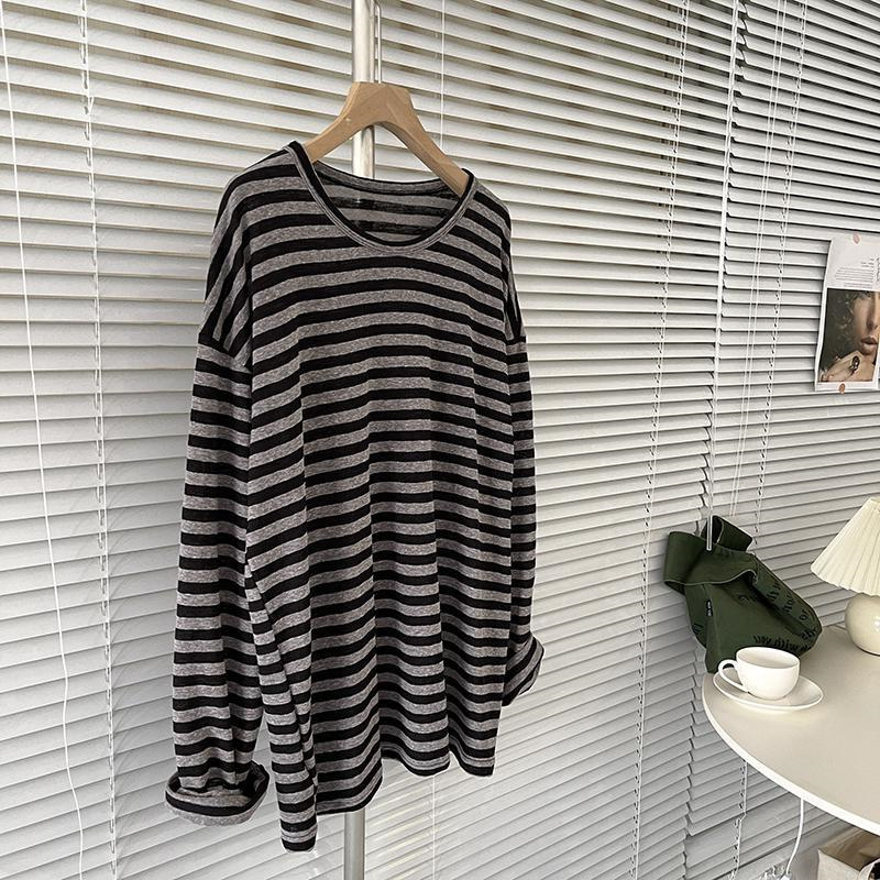 Spring and Autumn New Style 150kg Plus Size Mid-Length Striped Long Sleeve Versatile Loose Slimming T-Shirt for Women Spring and Autumn New Style 150kg Plus Size Mid-Length Striped Long Sleeve Versatile Loose Slimming T-Shirt for Women