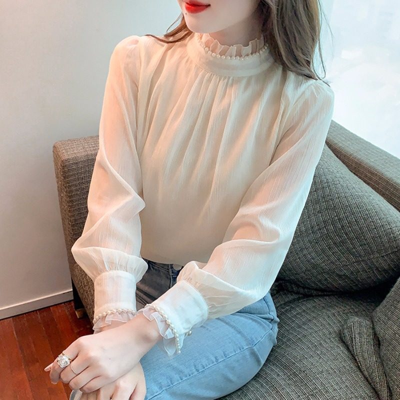 Высококачественная шифоновая рубашка, женская осенне-зимняя коллекция 2025 года, новый стиль, рубашка с внутренней отделкой, модный кружевной топ в западном стиле
