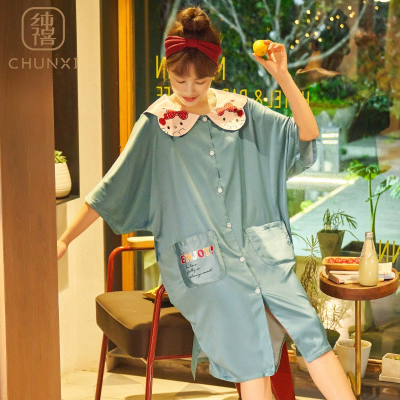 Pure Jubilee Nightdress Ladies Summer Ice Silk Hàn Quốc Ngắn tay ngọt ngào Bộ đồ ngủ lỏng lẻo Đơn giản mỏng phong cách Mặc nhà - Đêm đầm
