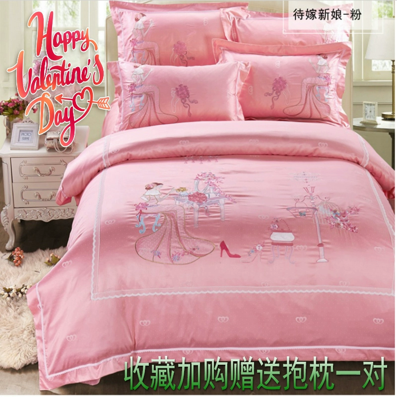 Bộ đồ giường cotton Tencel Satin thêu hoa cưới Bộ bốn mảnh Tấm bìa chăn bông chính hãng 1,8m2m - Bộ đồ giường bốn mảnh