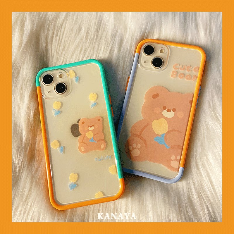 ins creative small bear tulip suitable for apple 13 phone protection shell 13promax new 12pro cartoon cute 11promax anti-fall iphone fresh x