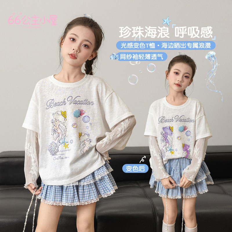66 Princess Children's Clothing Girls' Short-Sleeve T-Shirt 2026 New Fashionable Children's Mesh Sleeve Sunscreen Long-Sleeve Thin Top