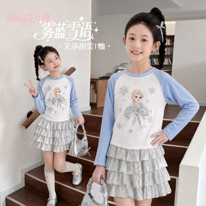 66 Princess Children's Clothing Girls' Elsa Princess T-Shirt 2026 New Children's Spring and Autumn Clothing Girls' Cartoon Long-Sleeved Tops
