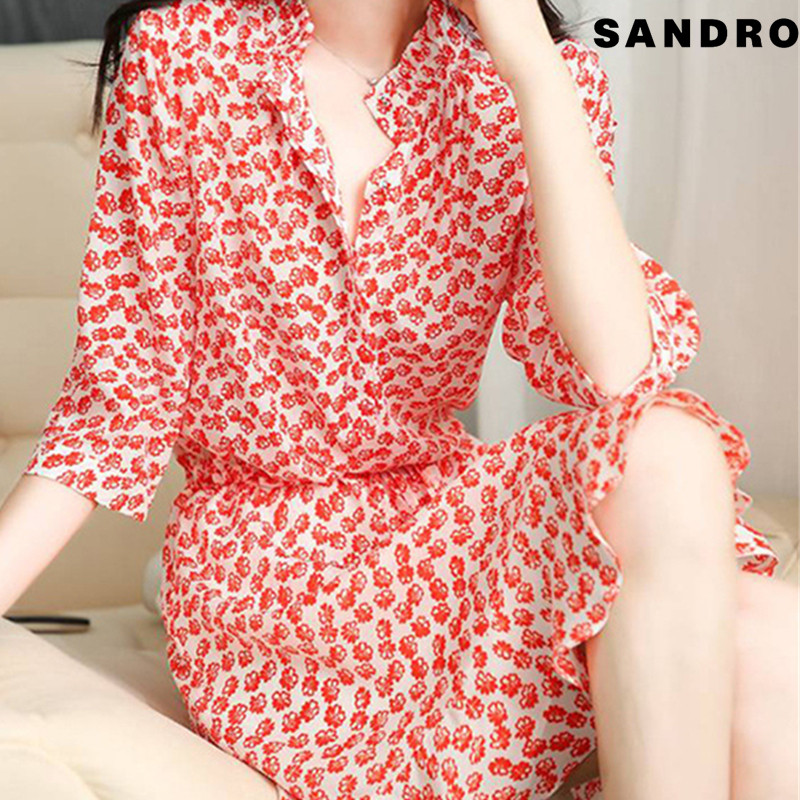 SANDRO2022 summer new style tea break floral skirt silk dress temperament red mulberry silk skirt