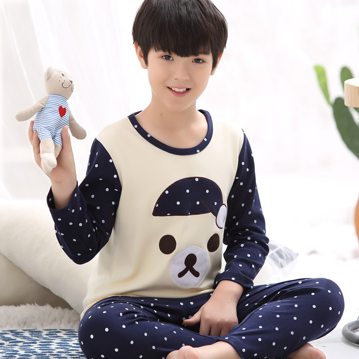 Chàng trai Pyjama 11-13-15 tuổi mùa hè dài tay bộ mỏng bông cotton vừa cậu bé bé trai mùa thu.