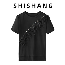 2021 summer new heavy industry tassel three-dimensional decoration stitching short sleeve t-shirt women cotton wild fashion top tide