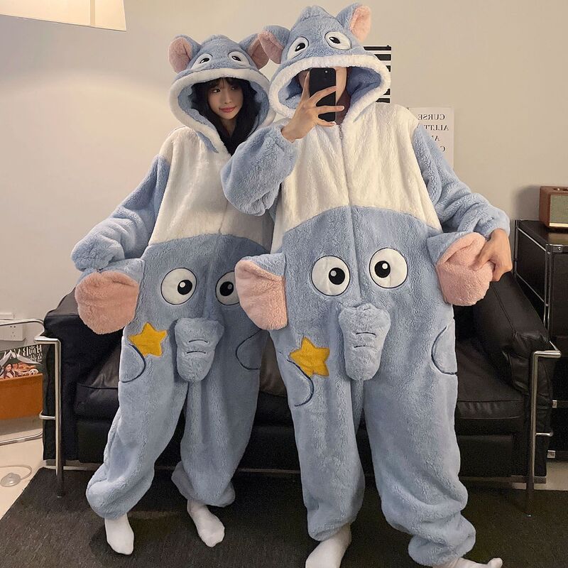 Couple's Pajamas, Men's and Women's One-Piece, Autumn and Winter Thickened Coral Fleece, Cute Animal Elephant, Plus Size 100kg Loungewear