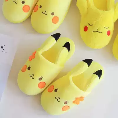 Autumn and winter season cute cartoon Pikachu couple male and female home slippers indoor floor half-bag with cotton slippers