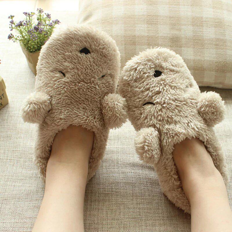 Fall and winter season cute cartoon plush home anti-slip room floor warm lady cotton slippers heels