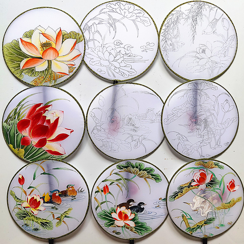Coloring group fan hand painting line draft coloring fan Chinese painting lotus lotus peony salon event diy National Day Mid-Autumn Festival