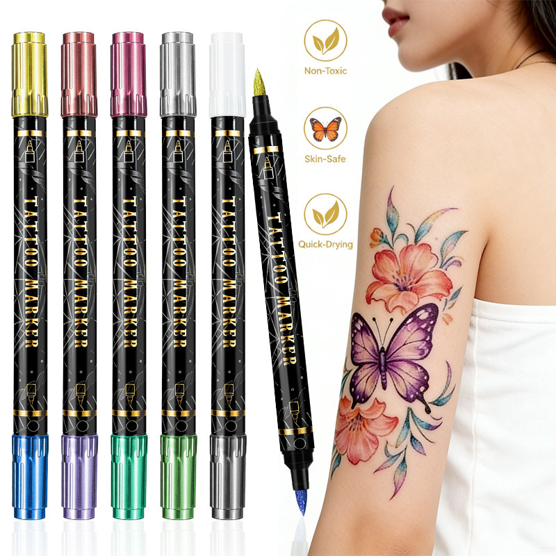 Double-Ended Dual-Color Body Painting Tattoo Pen, Soft-Tipped Metallic Skin Marker Pen, Removable Temporary Tattoo Pen