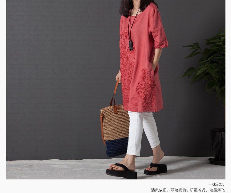 2022新款连衣裙大码女装文艺范小清新宽松绣花短袖棉麻连衣裙详情67