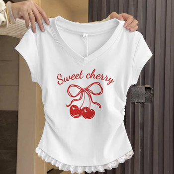 Korean sweet girl cherry print v-neck lace t-shirt