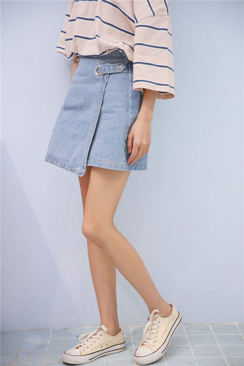 Váy eo cao 2019 hè mới phiên bản Hàn Quốc xòe xẻ chéo váy denim không đều nữ sinh viên hoang dã - Váy chân váy chữ a ngắn đẹp
