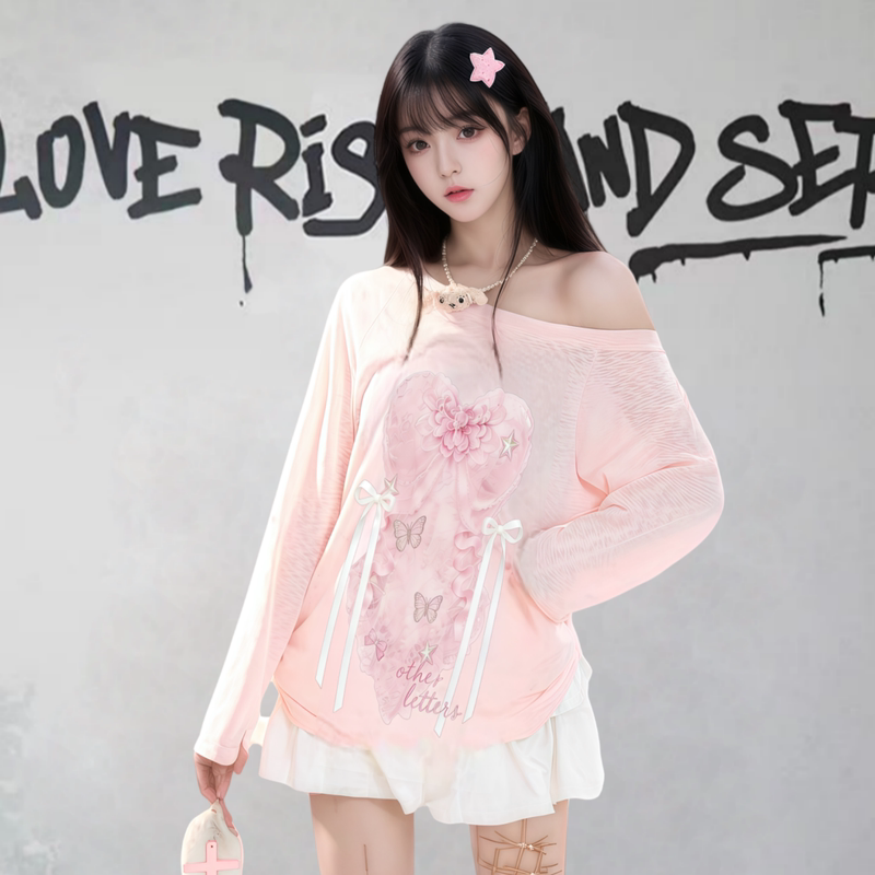 Sweet Style Bow Tie Strap Off-Shoulder Long-Sleeved T-Shirt for Women, Spring and Summer Thin Loose Off-Shoulder Sun Protection Blouse Top