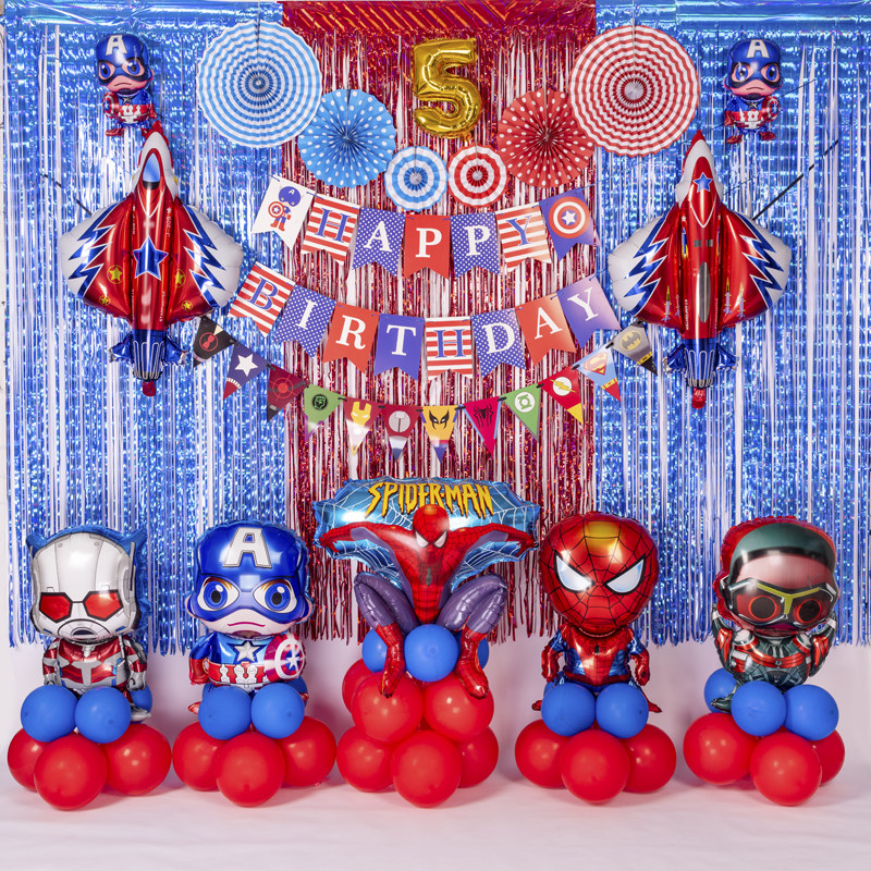 Transformers Birthday Balloon Package Captain America Spiderman Hero One Year Old Party Arrangement Background Wall Decor