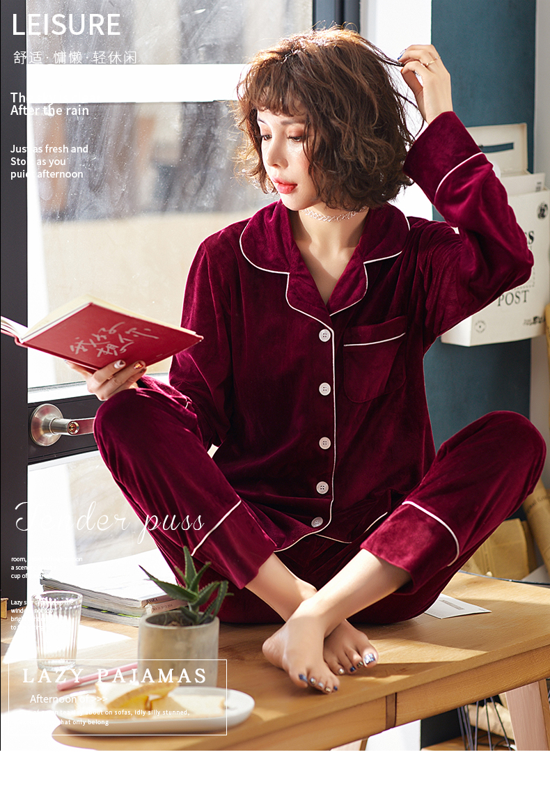 Đồ ngủ nhung vàng của phụ nữ mùa thu và mùa đông dài tay nhung mỏng kích thước lớn lỏng đơn giản rắn màu nhung dịch vụ nhà phù hợp với mùa xuân và mùa thu - Cặp đôi bộ đồ ngủ