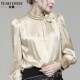 Heavy French handmade flower stand collar silk satin shirt mulberry silk lantern long sleeve sunset orange top women