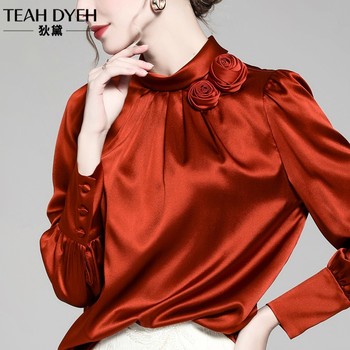 Heavy French handmade flower stand collar silk satin shirt mulberry silk lantern long sleeve sunset orange top women