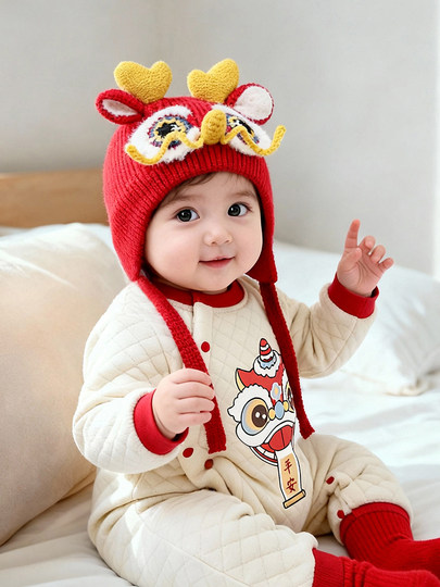 Red Baby Hat for Autumn and Winter, Knitted Hat for Babies, New Year Lion Dance Children's Hat, Boys' Ear Protection Hat, Girls' Hat