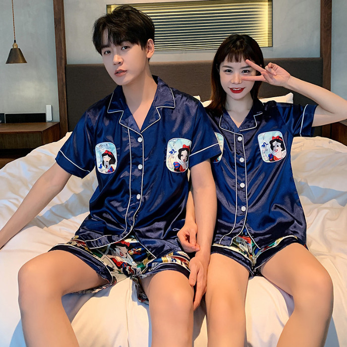 Couples Pyjamas Women's Summer Ice Silk Short Sleeves Silk Thin men Step up overweight mm200 catty Family suit suit