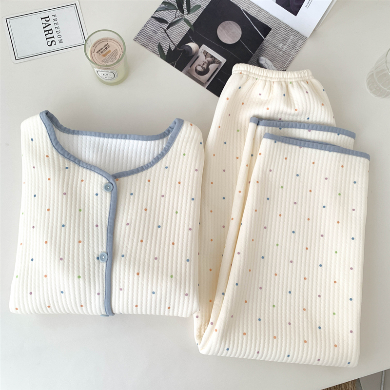Air-Padded Cotton Pajamas for Women, Autumn and Winter, Pure Cotton, Thickened, Long-Sleeved, Long Pants Set, Internet-Famous Polka Dot Loungewear, Spring and Autumn Style Air-Padded Cotton Pajamas for Women, Autumn and Winter, Pure Cotton, Thickened, Long-Sleeved, Long Pants Set, Internet-Famous Polka Dot Loungewear, Spring and Autumn Style