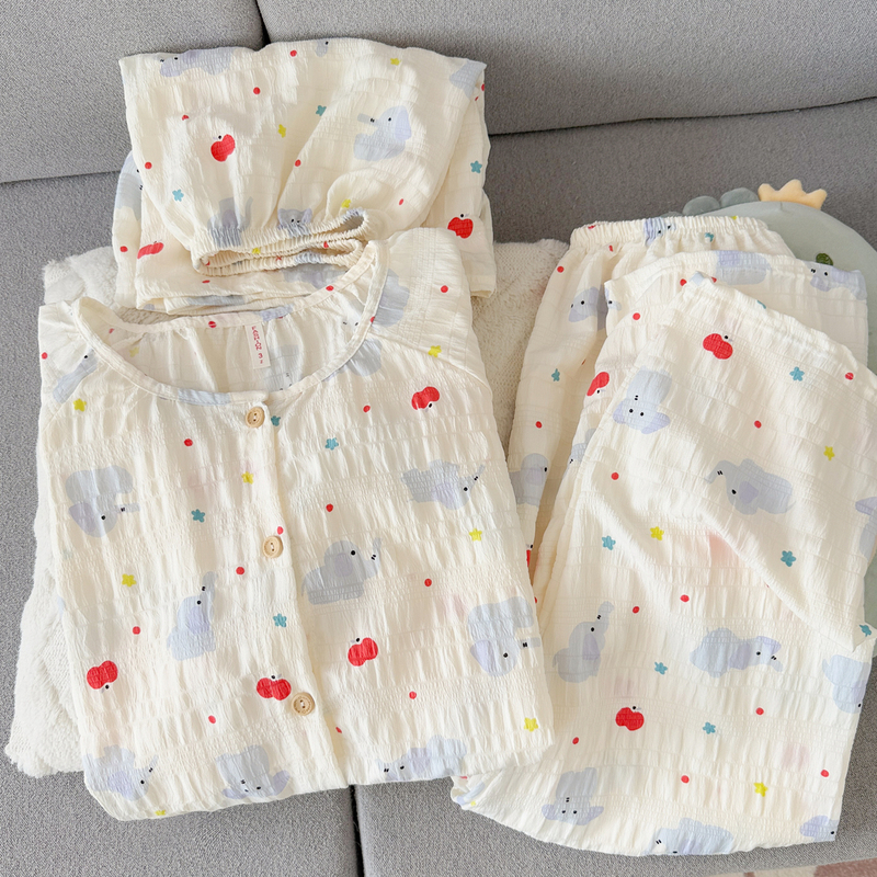 Yunduo Pure Cotton Gauze Pajamas for Women, Short-Sleeved Long Pants, Summer Three-Piece Set, Cute Little Elephant, High-End Home Wear for Summer Days