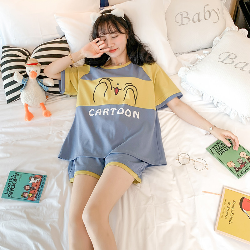 Short Sleeve Pajamas Woman Summer Pure Cotton Student Two Style Suit Thin web Red Burst Lady Spring Autumn Summer Home Clothes