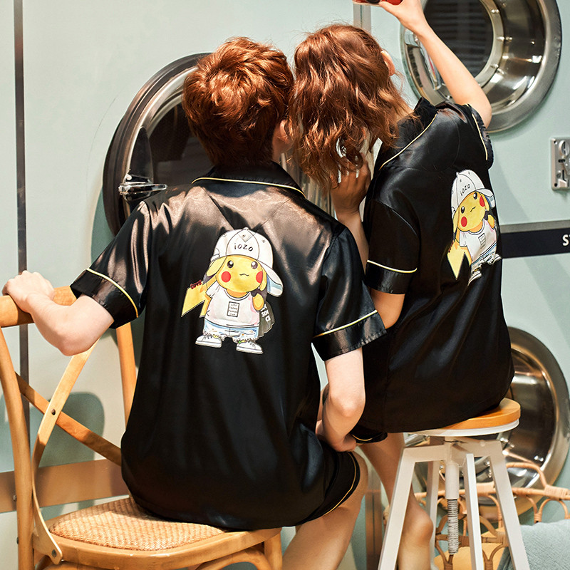 Couple pajamas summer short sleeve thin in tide mesh red men summer ice silk home dress two pieces suit