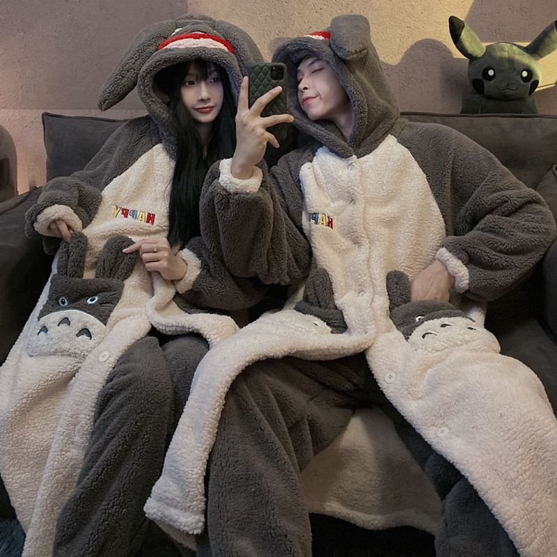 ins south Korean couple sleepwear autumn winter style coral suede thickened garnter men and women cute dragon cat winter sleeping robe suit