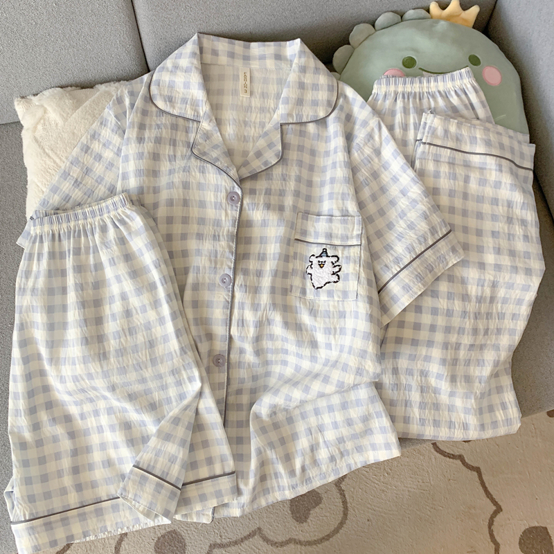 Yunduo Pure Cotton Gauze Pajamas for Women, Short-Sleeved Shorts and Long Pants, Summer Three-Piece Set, Japanese Style ins Puppy Loungewear for Summer