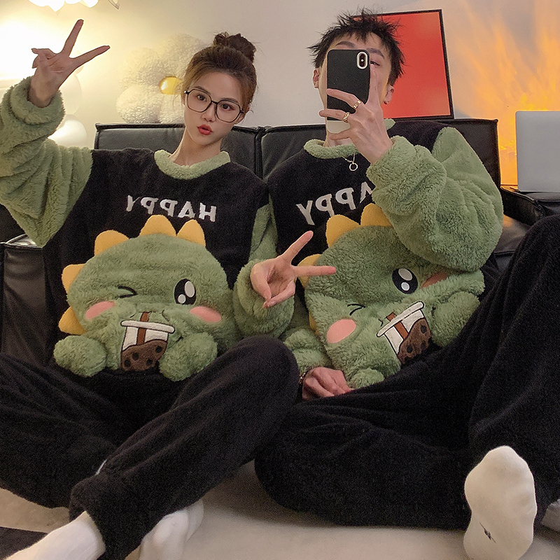 Long Plush Dinosaur Coral Fleece Pajamas Couple Set, One Male and One Female Style, Thickened and Fleece-Lined, Suitable for Wearing Outside as Loungewear Set Long Plush Dinosaur Coral Fleece Pajamas Couple Set, One Male and One Female Style, Thickened and Fleece-Lined, Suitable for Wearing Outside as Loungewear Set