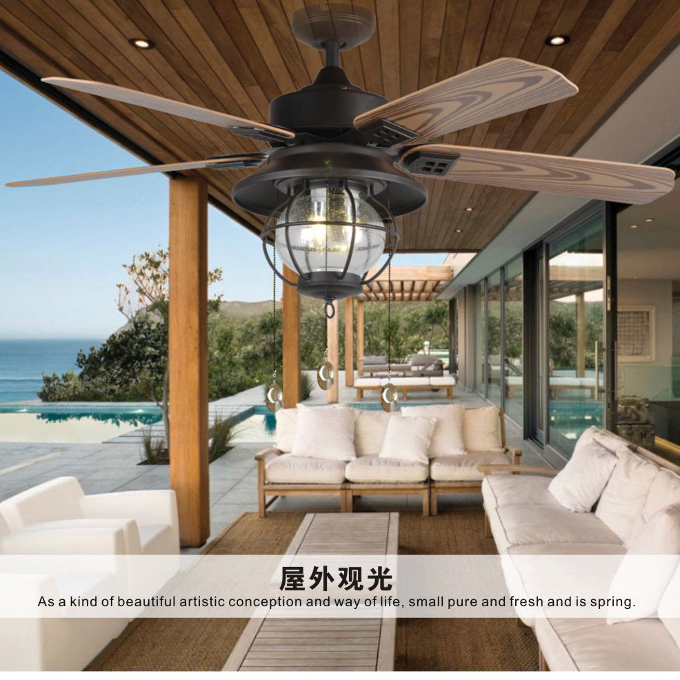 Outdoor ceiling fan light patio waterproof sunscreen balcony fan Rain-proof villa pavilion Home American retro fan light