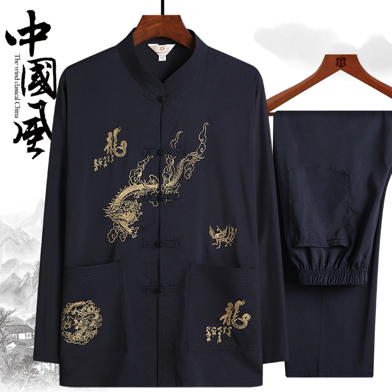 Middle aged Spring and Autumn Grandfather Tang Costume Suit Men's Long Sleeve Shirt Chinese Embroidery Dad Morning Practice for the Han